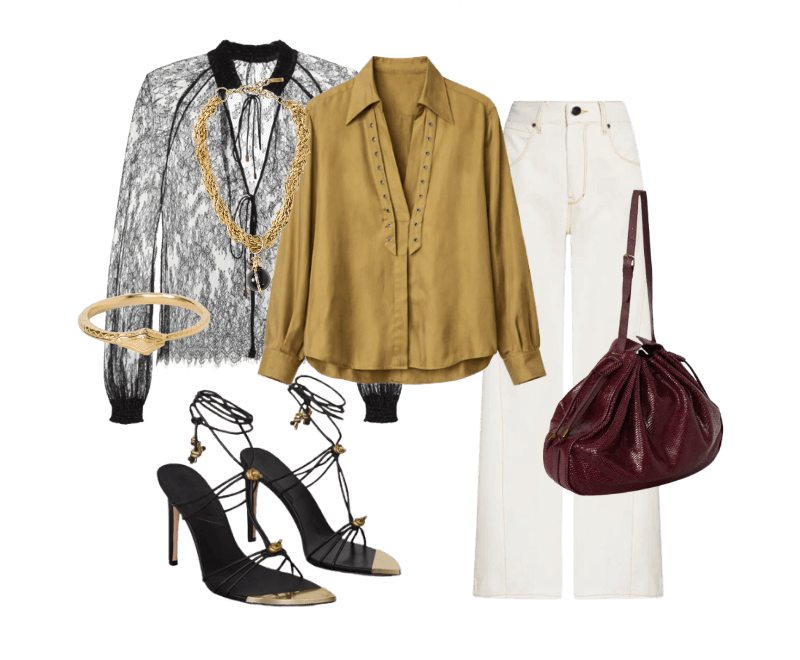 Sandalia De Couro Rolote Com Detalhe Metal ; Shopping Bag De Couro Snake ; Colar Curto Ouro Com Pingente Bola ; Bracelete Serpente Dourado ; Camisa De Cupro Verde Antique Manga Longa Detalhe Em Ilhós ; Bata De Renda Manga Longa Preta ; Calça De Sarja Cintura Baixa Duo Sarja