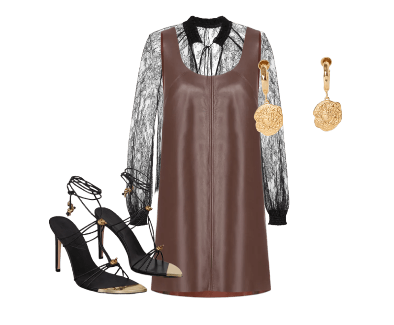 Sandalia De Couro Rolote Com Detalhe Metal ; Brinco Médio Pendente Medalha Dourado ; Bata De Renda Manga Longa Preta ; Vestido De Couro Regata
