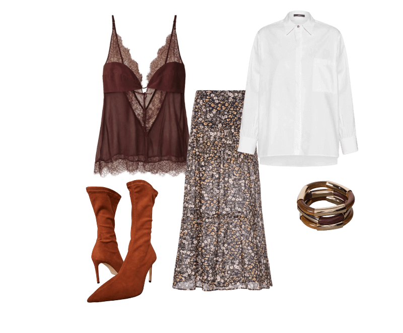 Bota De Chamois Stretch ; Kit Braceletes Madeira ; Camisa De Tricoline Essential ; Saia De Voil Longa Estampada ; Regata De Seda Marrom Dries Busto De Seda e Renda