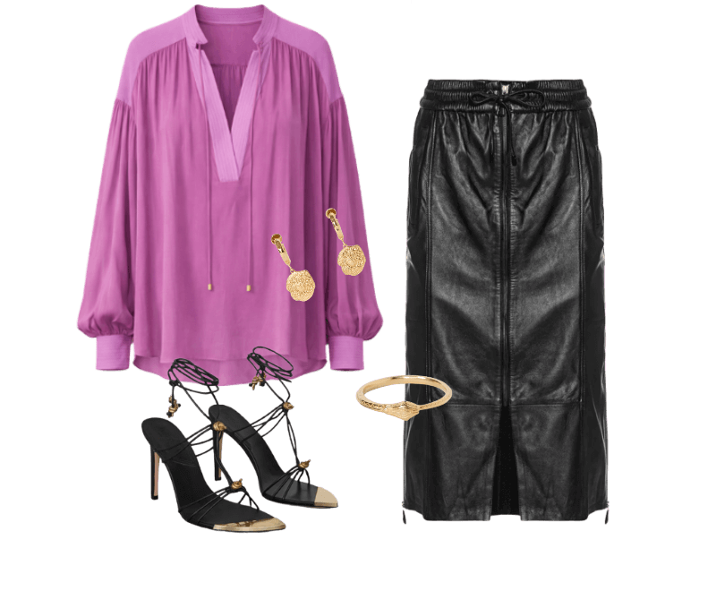 Look elegante para jantar com saia de couro