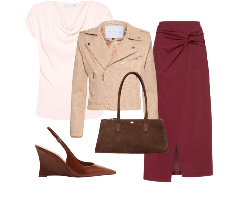 Casaqueto Feminino Com Zíper Diagonal Bege Market 33 ; Scarpin Slingback Anabela Couro Salto Alto Marrom Arezzo ; Bolsa Feminina Média Camurção Marrom Luiza Barcelos ; Blusa Feminina Decote Degagê Em Tricot Rosa '2Essential ; Saia Midi Frente Torcida Vermelho Animale
