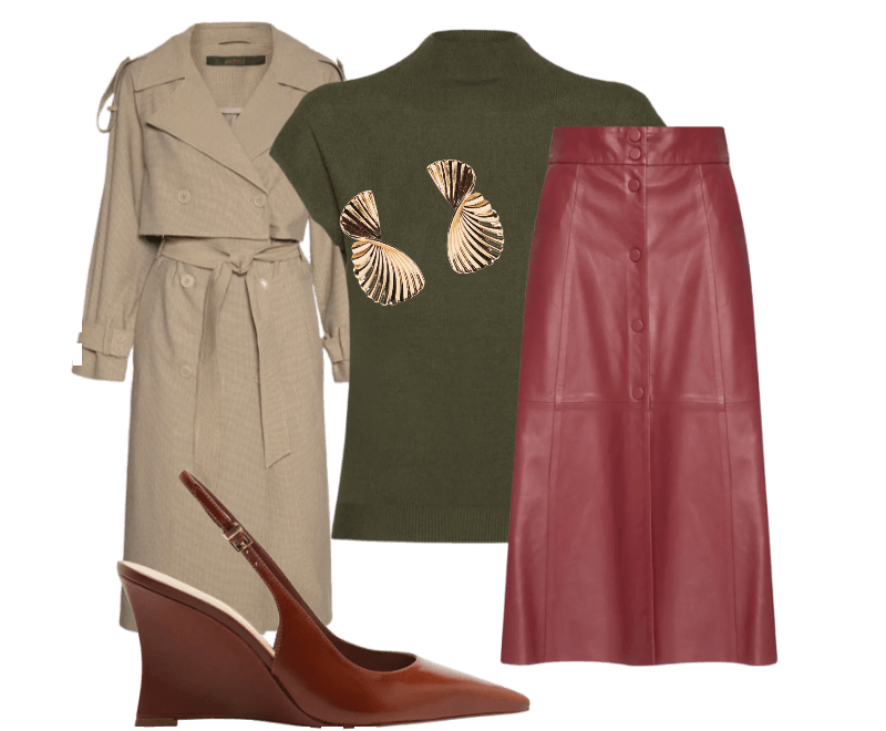 Scarpin Slingback Anabela Couro Salto Alto Marrom Arezzo ; Brinco Feminino Texturizado Orgânico Dourado '2Essential ; Blusa Feminina Manga Japonesa Em Tricot Verde '2Essential ; Casaco Feminino Xadrez Marrom Animale ; Saia Valen Couro Vermelho Le Lis