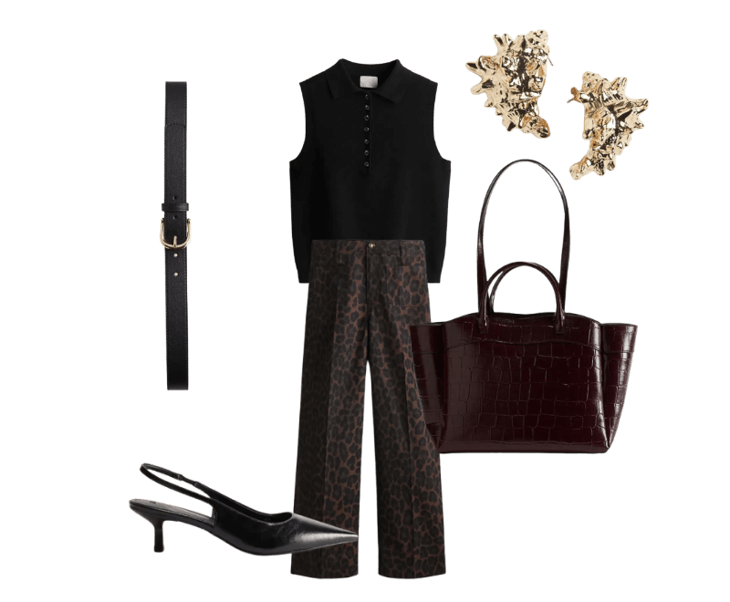 Look feminino elegante para escritório com calça de estampa animal