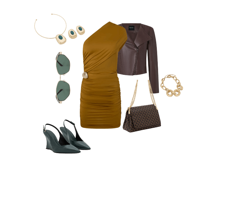 Bolsa Shoulder Média em PU Estampa Triângulos e Alça com Corrente Marrom ; Conjunto de Colar e Brinco com Pedra em Resina Dourado ; Colar Corrente Maxi em Metal com Elos Achatados Dourado ; Sapato Slingback em PU com Salto Anabela Verde ; Jaqueta em PU com Ombreira e Zíper Marrom ; Vestido Curto em Microfibra com Decote Ombro Só e Cinto Marrom ; Óculos Quadrado com Hastes Estampada Animal Print Dourado/Marrom