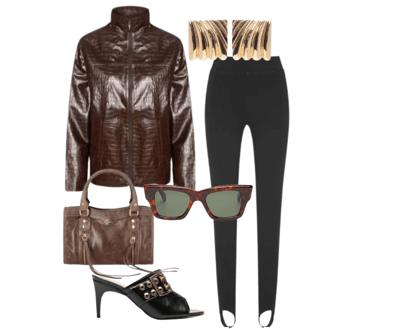 Calça Feminina Fuseau Basic Preto Animale ; Brinco Feminino Quadrado Texturizado Dourado ; Sandália Feminina Tamanco Couro com Tachas e Fivela - Preto ; Óculos De Sol Feminino Cairo Demi G15 Marrom Helena Bordon ; Casaco Feminino Naomi Marrom Studio Kalline ; Bolsa Feminina Pequena Em Couro Marrom Luiza Barcelos