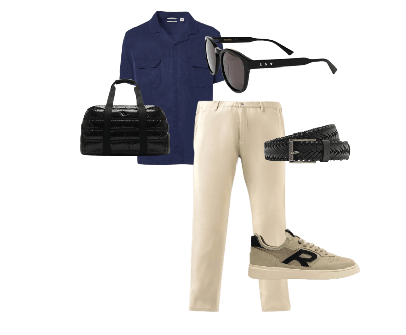 Look casual masculino de viagem com camisa azul