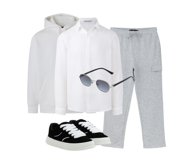 Look casual masculino com moletom e camisa branca