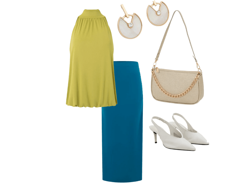 Sapato Scarpin Slingback em Couro com Decote V Off White ; Brinco Madrepérola com Formato Arredondado e Strass Dourado ; Bolsa Shoulder Baguete com Alça de Ombro e Detalhe Corrente ; Blusa Halter em Ribana com Gola Amarrada ; Saia New Midi em Jersey com Franzidos na Lateral