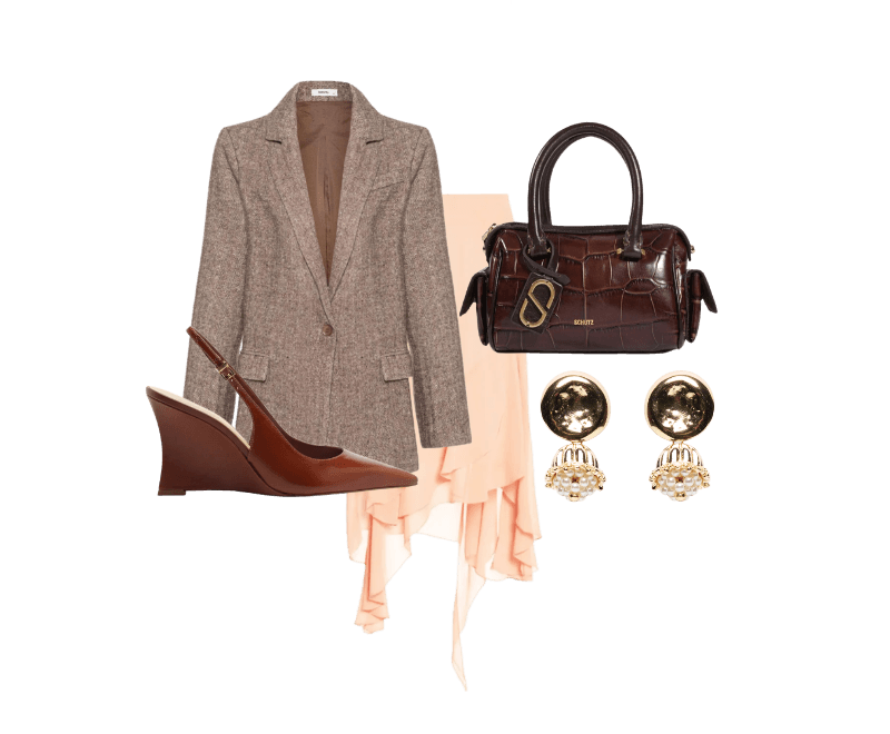 Scarpin Slingback Anabela Couro Salto Alto Marrom Arezzo ; Saia Midi Assimétrica Em Chiffon Bege '2Essential ; Brinco Feminino Martelado Com Pérolas - Dourado ; Blazer Feminino Texturizado Bege Basiq ; Bolsa Feminina Mini Bag Tay Couro Marrom Schutz