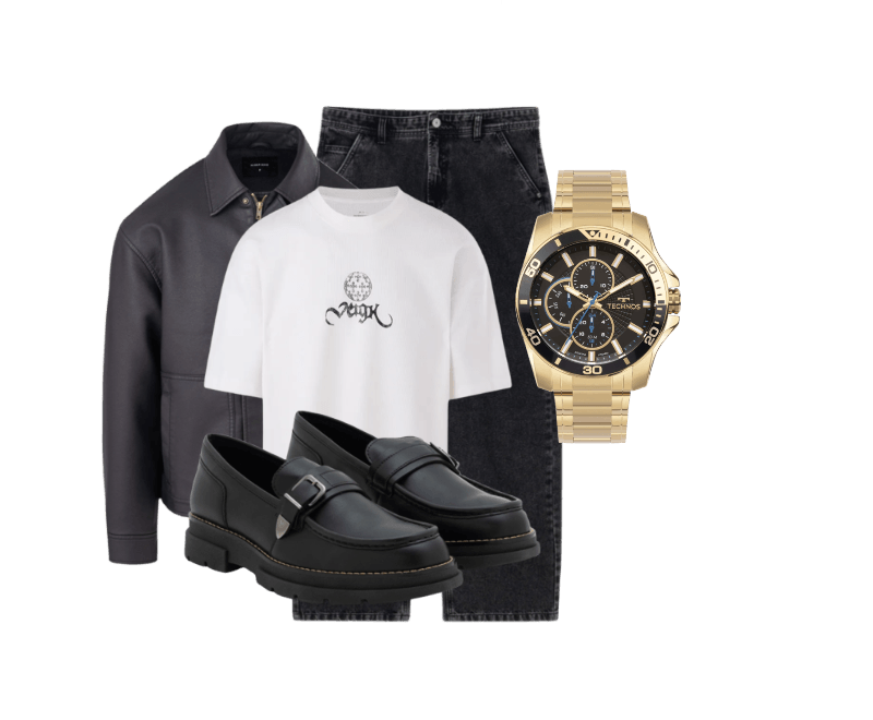 Relógio Technos Masculino Analógico Dourado ; Jaqueta em PU com Efeito Lavado Preto ; Calça Super Baggy em Jeans Marmorizada Preto ; Sapato em Material Sintético com Fivela Preto ; Camiseta Oversized em Algodão Texturizada com Estampa Frente e Costas Veigh