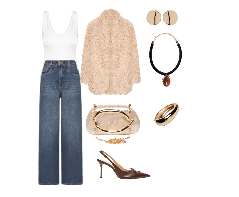 Bolsa Feminina Clutch Perolada Com Detalhe Orgânico Metalizado Bege Market 33 ; Scarpin Slingback Sabrine Couro Marrom Schutz ; Brinco Feminino Maxi Botão Liga Especial Dourado D'santis Joias ; Bracelete Feminino Redondo Dourado Basiq ; Regata Feminina Poliamida Canelada Decote em U Branco Basiq ; Colar Feminino Em Veludo Com Pingente Marrom ; Calça Feminina Wide Leg Jeans Azul Market 33 MI6DG0509_AZUL ; Casaco Feminino Bege Open