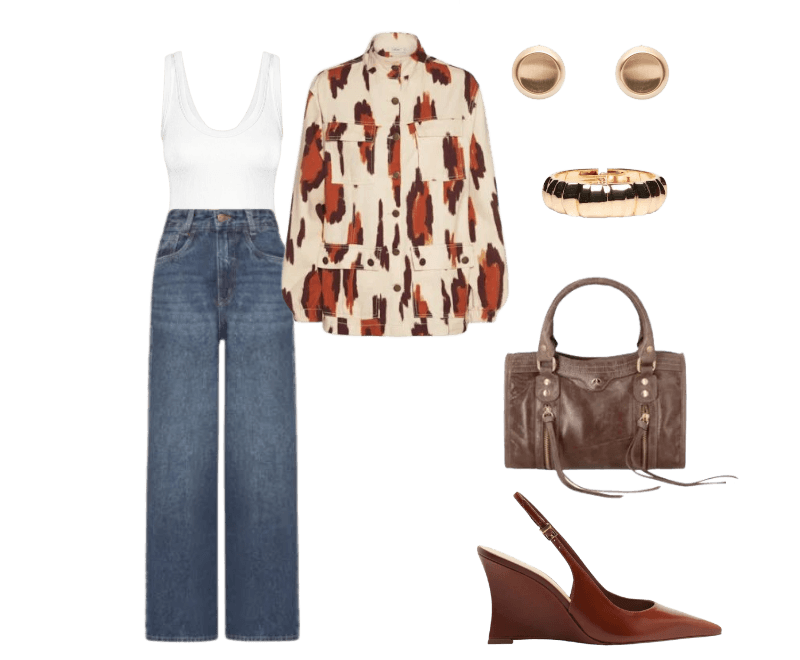 Scarpin Slingback Anabela Couro Salto Alto Marrom Arezzo ; Regata Feminina Poliamida Canelada Decote em U Branco Basiq ; Bracelete Feminino Texturizado Dourado '2Essential ; Brinco Feminino Redondo Em Metal Fosco Dourado '2Essential ; Calça Feminina Wide Leg Jeans Azul Market 33 MI6DG0509_AZUL ; Jaqueta Feminina Bolsos Sarja Branco Cacay ; Bolsa Feminina Pequena Em Couro Marrom Luiza Barcelos