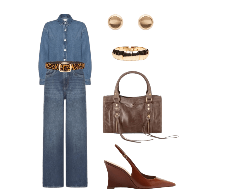 Scarpin Slingback Anabela Couro Salto Alto Marrom Arezzo ; Camisa Feminina Azul Hering HFPL1ASN_AZULMEDIO ; Bracelete Feminino Texturizado Dourado '2Essential ; Brinco Feminino Redondo Em Metal Fosco Dourado '2Essential ; Cinto Feminino Onça Caramelo Enfeites Ouro Animal Print ; Calça Feminina Wide Leg Jeans Azul Market 33 MI6DG0509_AZUL ; Bolsa Feminina Pequena Em Couro Marrom Luiza Barcelos