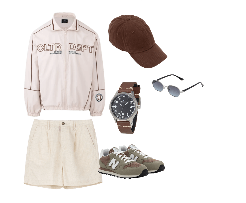 Tênis New Balance 500V2 em PU com Texturas Cinza ; Óculos de Sol Redondo com Haste Fina e Lente Fume Degrade Prata ; Boné Aba Curva em Algodão com Strapback Marrom ; Relógio Masculino Analógico com Caixa em Metal e Pulseira em Couro Champion Marrom ; Bermuda em Viscolinho com Bolso Posterior Bege ; Jaqueta Masculina em Tecido Tecnológico com Estampa Frontal