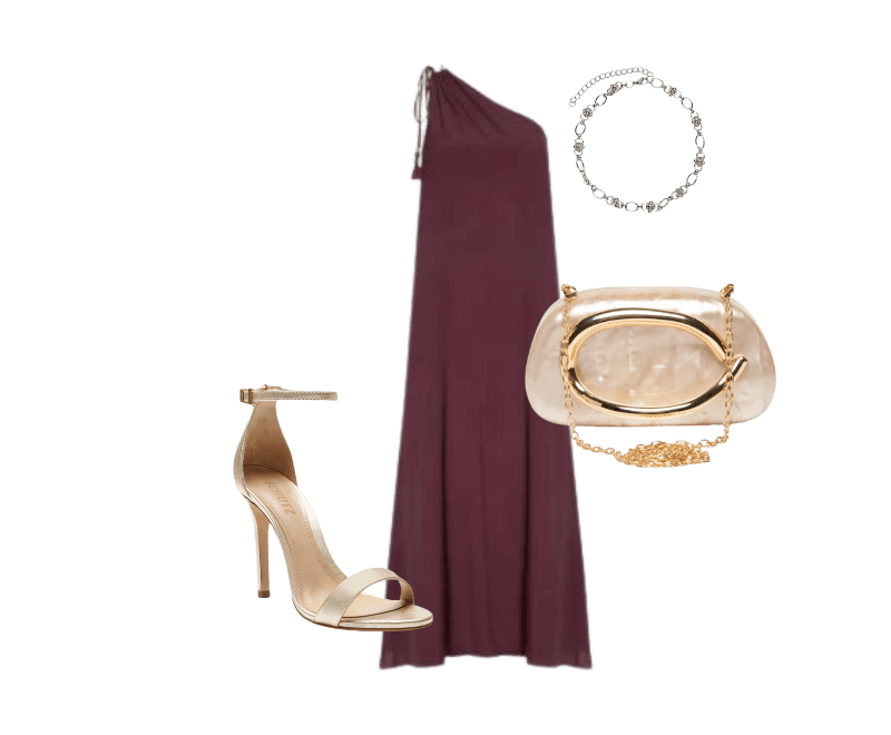 Sandália Feminina Isabelli Couro Dourado Schutz ; Bolsa Feminina Clutch Perolada Com Detalhe Orgânico Metalizado Bege Market 33 ; Vestido Longo Um Ombro Só Vermelho Dress To ; Colar Feminino Corrente Detalhada - Prateado