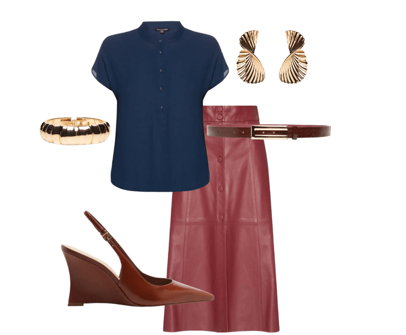 Scarpin Slingback Anabela Couro Salto Alto Marrom Arezzo ; Blusa Feminina Jessy Botões Azul Le Lis ; Brinco Feminino Texturizado Orgânico Dourado '2Essential ; Saia Valen Couro Vermelho Le Lis ; Bracelete Feminino Texturizado Dourado '2Essential ; Cinto Feminino Com Fivela Retangular Vermelho Market 33 MV6LC154_MARSALA