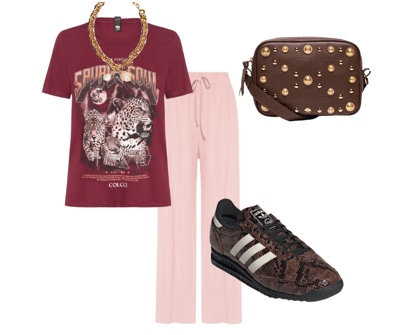 Tênis Feminino SL 72 Og Marrom Adidas Originals ; Bolsa Feminina Pequena Viena Marrom Luiza Barcelos ; Calça Feminina Plissada Rosa Market 33 ; Camiseta Feminina Estampada Vermelho Colcci ; Colar Feminino Maxi Corrente Com Pingentes Dourado '2Essential
