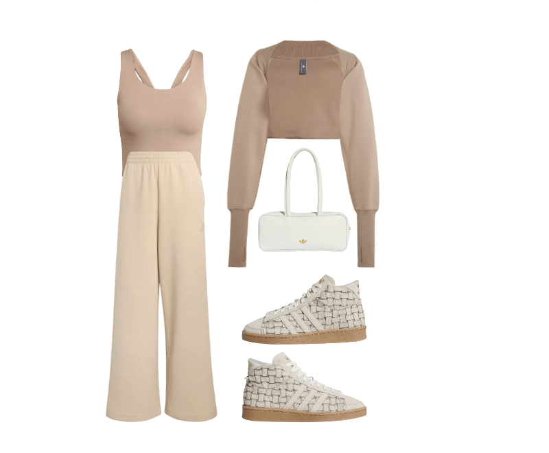 Top Esportivo adidas All Me de Suporte Médio ; CALÇA DE MODELAGEM RETA SOFT LUX ; Tênis Jabbar Hi ; Bolsa ADICOLOR ELONGATED AIRLINER ; Bolero Moletom adidas by Stella McCartney Studio