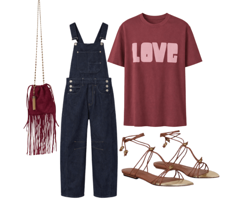 Bolsa De Camurca Spike ; Macacão Jeans Livre ; Rasteira De Couro Rolote Com Detalhe Metal ; T-Shirt De Malha Fun Love Vermelho Wing