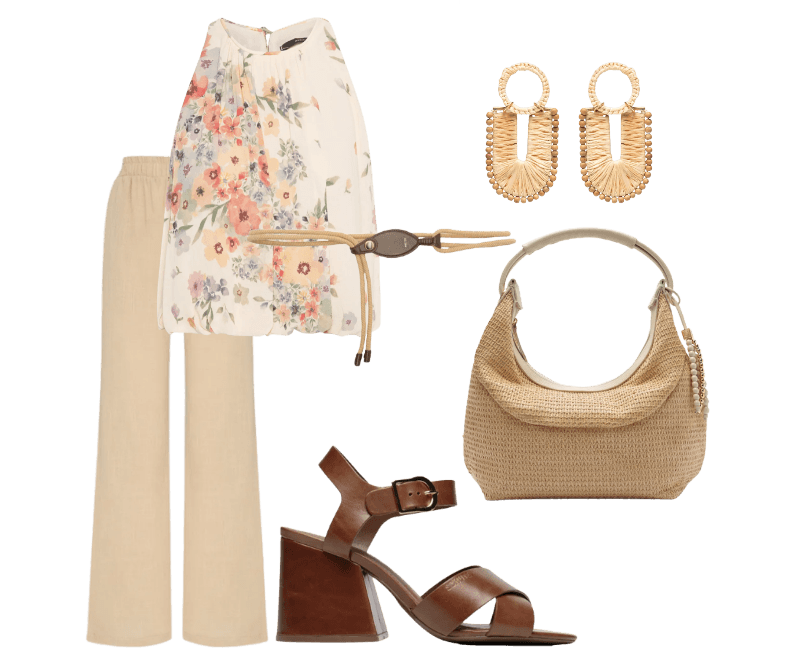 Blusa Feminina Balonê Allure Bege Maria Filó ; Calça Feminina Tika Bege Triya ; Cinto Feminino Couro Cordão Bege Arezzo + Lenny Niemeyer ; Bolsa Feminina Tiracolo Couro Média Dobrável Bege Arezzo + Isla ; Brinco Feminino Veranil Palha Bege Dress To ; Sandália Feminina Daisy Salto Bloco Couro Marrom Schutz