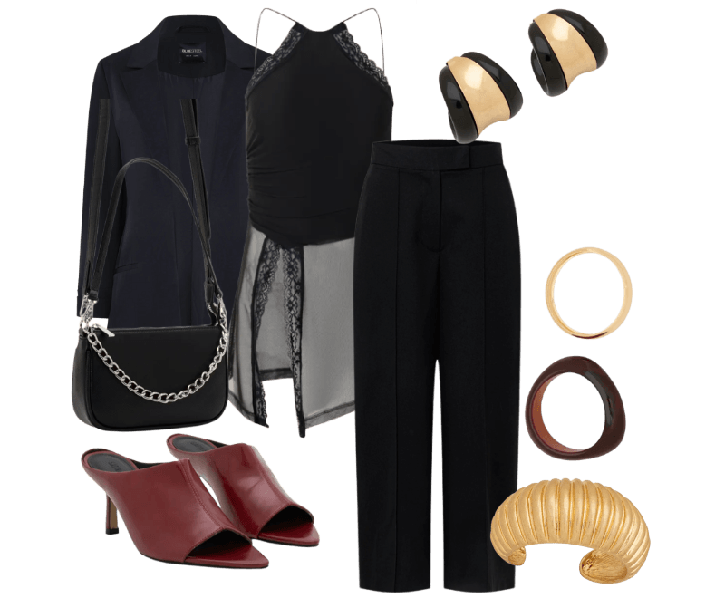 Blazer Alongado em Alfaiataria com Prega nas Mangas Preto ; Brinco Argola em Metal com Acabamento Brilhante Preto-AC ; Calça Pantacourt Em Alfaiataria Com Pregas Frontais Preto ; Sandália Mule em PU com Gáspea Alongada Vermelho ; Kit 02 Braceletes Rígidos em Resina Âmbar e Metal Dourado ; Bracelete em Metal com Efeito Plissado Dourado ; Bolsa Baguete Transversal com Alça Removível Preto ; Blusa Halter em Tule com Renda Aplicada