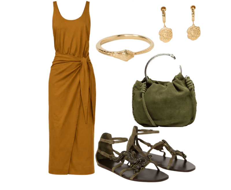 Rasteira De Couro Dragao ; Bolsa De Chamois Mini Metal Snake ; Brinco Médio Pendente Medalha Dourado ; Bracelete Serpente Dourado ; Vestido De Malha Regata Com Amarração Pareô