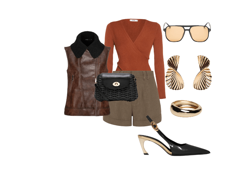 Bolsa Feminina Palha Baguete Preto Basiq ; Brinco Feminino Texturizado Orgânico Dourado '2Essential ; Bracelete Feminino Redondo Dourado Basiq ; Óculos Feminino Aviador Preto Market 33 MV6VZ9863_PRETO ; Scarpin Slingback Salto Médio Verniz Couro Preto Schutz ; Blusa Feminina Manga Longa Decote Transpassado Marrom Basiq ; Colete Feminino Marrom Open ; Short Feminino Alfaiataria Bolso Frontal Marrom Maria Filó