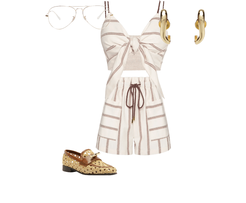 Mocassim Feminina Couro Palha Sextavada Metal Marrom Arezzo + Isla ; Short Feminino Clouchard Cintura Alta Branco Lança Perfume ; Top Cropped Double Off White Lança Perfume ; Brinco Feminino New Organic Bold Dourado Andressa Delamuta ; Óculos De Grau Unissex Aviador Dourado Ray-ban