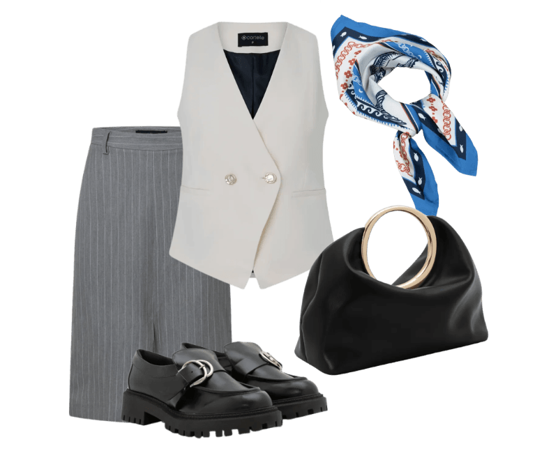 Sapato Mocassim Tratorado em PU com Maxi Fivela Preto ; Bolsa de Mão em PU com Alça de Mão Oval ; Lenço Acetinado com Estampa Sardinha Azul ; Colete em Alfaiataria com Decote em V ; Saia Midi Risca de Giz com Fenda Frontal