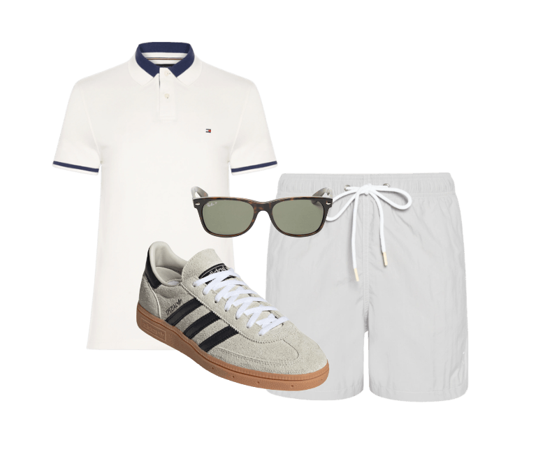 Short Masculino Liso De Praia Cinza Pineapple ; Polo Masculina Regular Fit Detalhe Contrastante Off White Tommy Hilfiger ; Tênis Unissex Handball Spezial W Bege Adidas Originals ; https://www.oqvestir.com.br/oculos-de-sol-unissex-new-wayfarer-classic-marrom-240313?sourceOrigin=Web