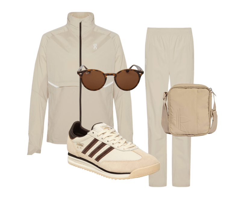 Calça Masculina Core Pants Bege On Running ; Jaqueta Masculina Core Jacket Bege On Running ; Tênis Masculino SL 72 RS Bege Adidas Originals ; Bolsa Masculina Everyday Icons Small Item Marrom Adidas Originals ; Óculos Unissex RB2180 Marrom Ray-ban