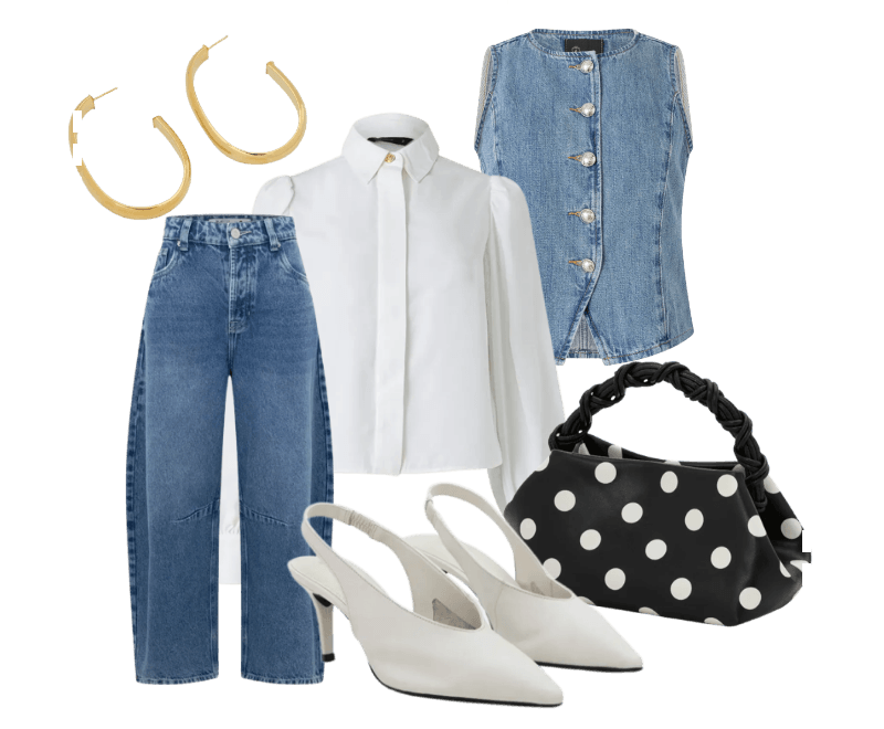 Bolsa de Mão em PU com Alça Removível e Estampa Poá Preto/Branco ; Colete Em Jeans Com Recortes E Botões De Brasão Médio ; Camisa em Crepe com Botão Diferenciado e Manga Bufante Branco ; Calça Barrel em Denim com Cintura média e Five Pockets Estruturados Azul ; Sapato Scarpin Slingback em Couro com Decote V Off White ; Brinco Argola Médio Metalizado Dourado