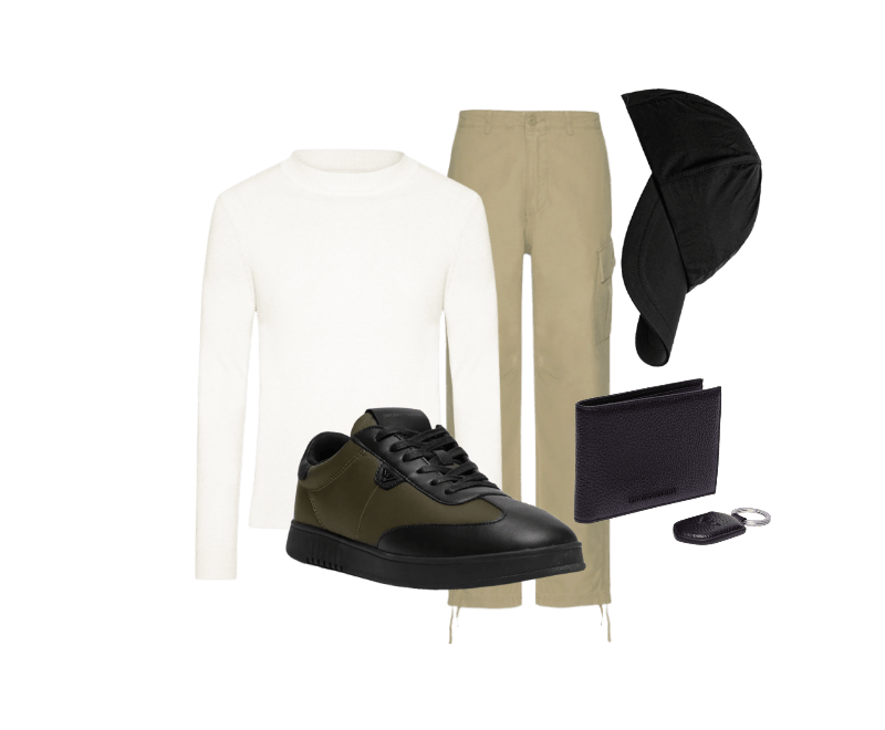 Tênis Masculino Casual Armani Recorte Verde Emporio Armani ; Kit Presente Chaveiro E Carteira Preto Emporio Armani ; Tricot Masculino Gola Alta Básico Off White '2 Essential ; Calça Masculina Barkley Cargo Bege Jack & Jones ; Boné Unissex On Preto On Running