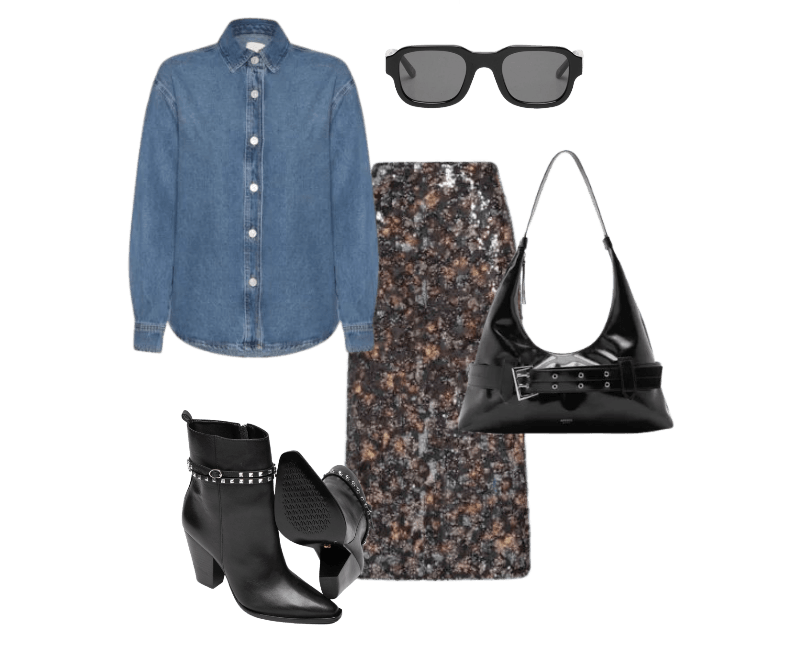Saia Midi Paetê Estampa Blush Preto Maria Filó ; Camisa Feminina Azul Hering HFPL1ASN_AZULMEDIO ; Bota Feminina Couro Preto Vicenza P1149600010001U_PRETO ; Óculos De Sol Feminino 66 Sunglasses Preto Vans VN000GMXBLK_BLACK ; Bolsa Feminina Hobo Grande Tiras Fivela - Preto