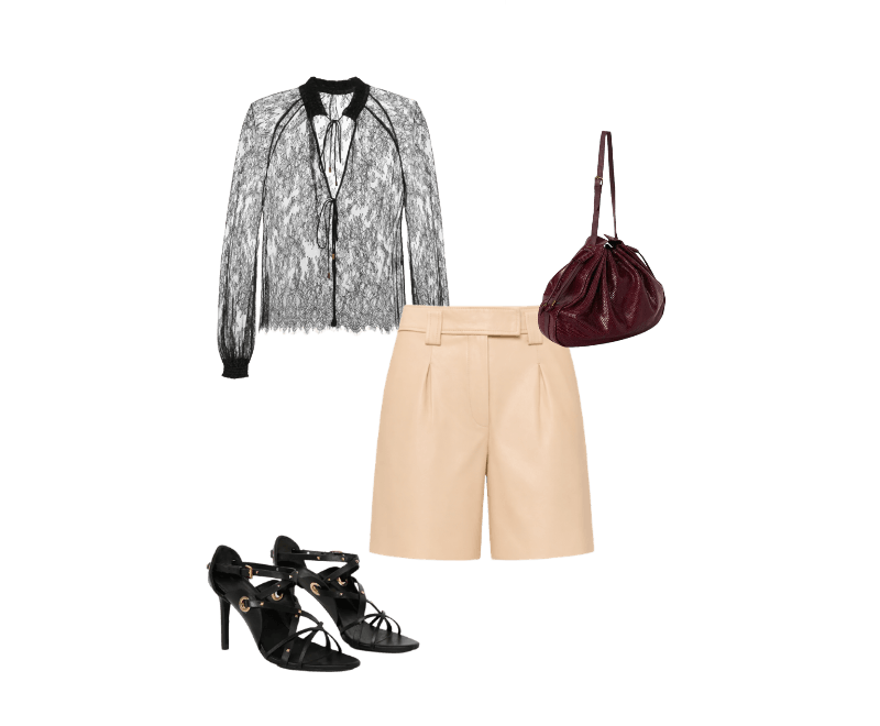 Sandalia De Couro Ilhos ; Shopping Bag De Couro Snake ; Bata De Renda Manga Longa Preta ; Bermuda De Couro Pregas Pespontos