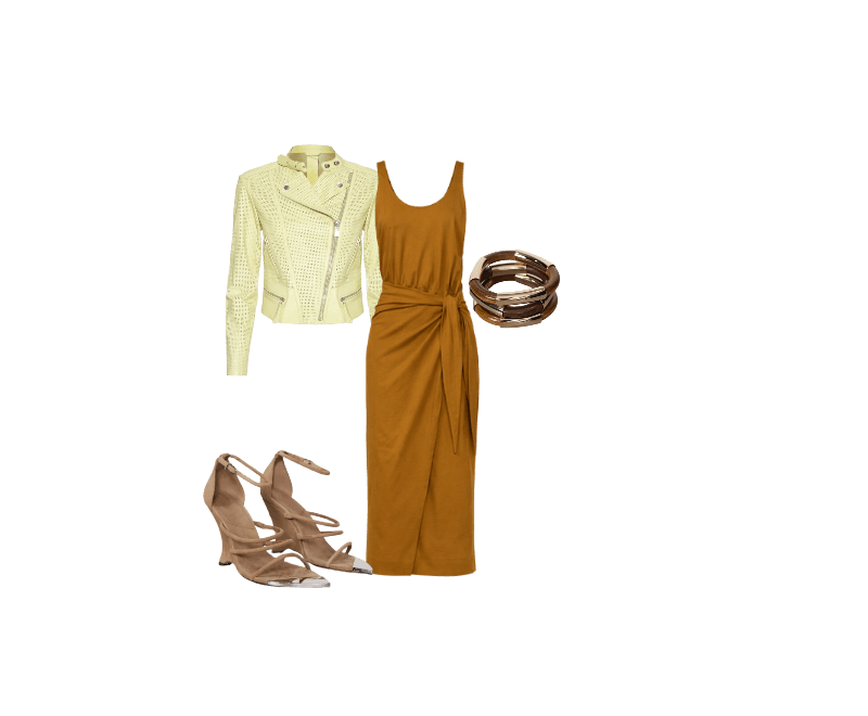 Sandalia Anabela Chamois Metal ; Kit Braceletes Madeira ; Jaqueta De Couro Motor Furadinha ; Vestido De Malha Regata Com Amarração Pareô