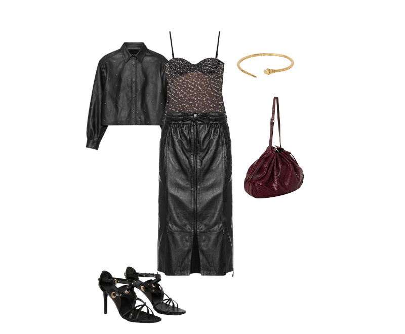 Sandalia De Couro Ilhos ; Shopping Bag De Couro Snake ; Chocker Cobra Dourada ; Body De Tule Com Alças Estampado Pois Lente ; Camisa De Couro Mini Tachas ; Saia De Couro Midi Sport