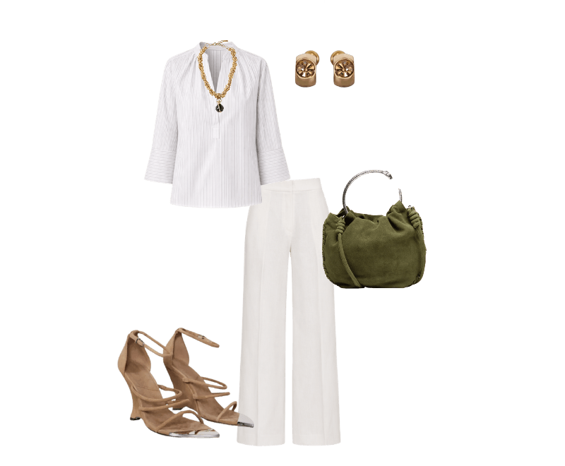 Sandalia Anabela Chamois Metal ; Bolsa De Chamois Mini Metal Snake ; Colar Curto Ouro Com Pingente Bola ; Argolinha Gossa Dourada Com Pedra Única ; Bata De Renda Manga Longa Off White ; Calça De Linho Ampla De Alfaiataria