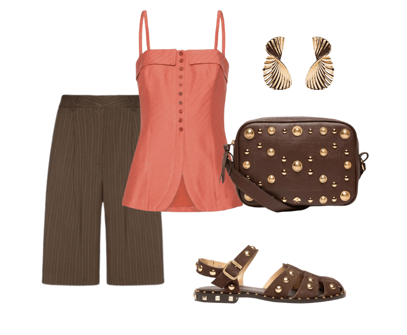 Bolsa Feminina Pequena Viena Marrom Luiza Barcelos ; Brinco Feminino Texturizado Orgânico Dourado '2Essential ; Sandália Feminina Rasteira Camurça Marrom Luiza Barcelos ; Regata Feminina Vida Laranja Le Lis ; Bermuda Feminina Riscas Marrom