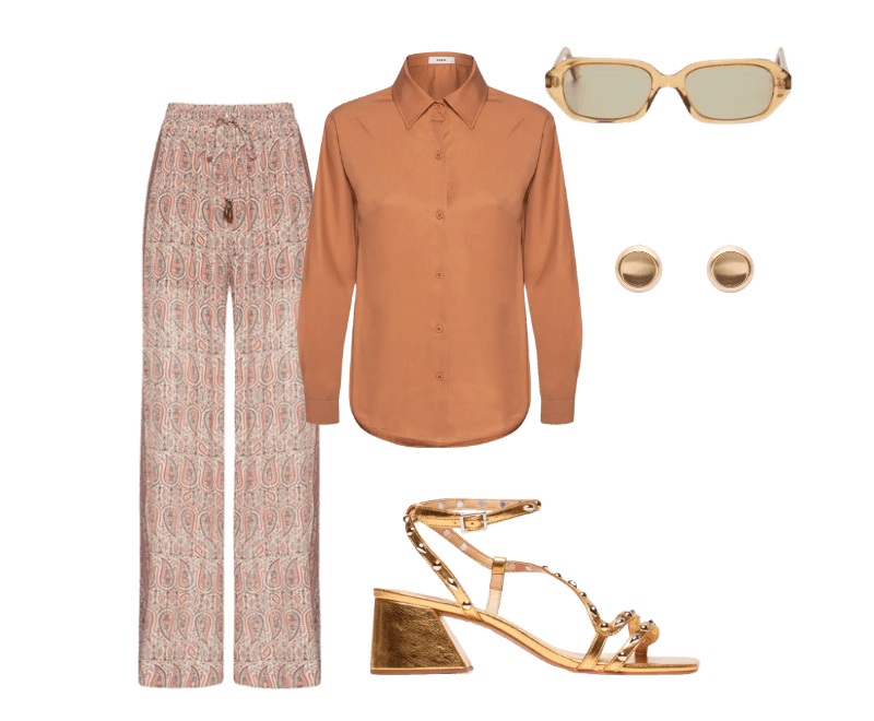 Sandália Feminina Metalcolor Dourado Luiza Barcelos ; Calça Feminina Reta Elástico Estampa Blink Bege Maria Filó ; Camisa Feminina Oversized Marrom Basiq ; Brinco Feminino Redondo Em Metal Fosco Dourado '2Essential ; Óculos De Sol Feminino Adulto Munique Transparente Toffe MRCL Amarelo