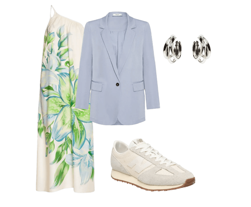 Tênis Feminino 471 Off White New Balance ; Blazer Feminino Com Martingale Azul Basiq ; Vestido Longo Lírio Tropical Bege Farm ; Brinco Feminino Argola Tripla Prateado