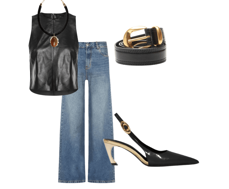 Top De Couro Cropped Cava Open Preto Animale ; Scarpin Slingback Salto Médio Verniz Couro Preto Schutz ; Colar Feminino Em Veludo Com Pingente Marrom ; Cinto Feminino Médio Craked Preto Vicenza ; Calça Jeans Feminina Wide Leg Azul Animale Jeans