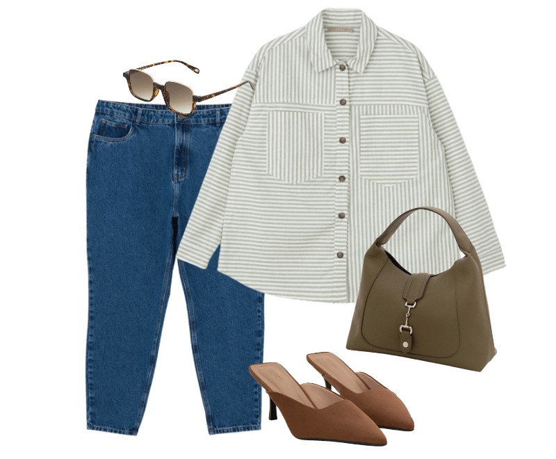 Calça Mom Em Jeans Estonado Curve & Plus Size Azul ; Camisa Oversized Em Sarja Listrada Com Bolsos Curve & Plus Size Verde ; Sapato Scarpin Mule Com Efeito Camurça Marrom ; Bolsa Hobo Média Com Necessaire Verde ; Óculos De Sol Quadrado Com Estampa De Tartaruga Marrom