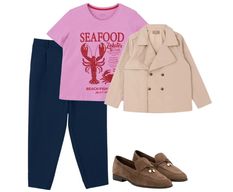 Camiseta Em Algodão Com Estampa De Lagosta Curve & Plus Size Rosa ; Calça Cenoura Alfaitada Com Pregas Curve & Plus Size Azul Marinho ; Jaqueta Trench Coat Cropped Em Gabardine Com Botões Curve & Plus Size Bege ; Mocassim Em Couro Camurça Com Ponteira Metálica Marrom