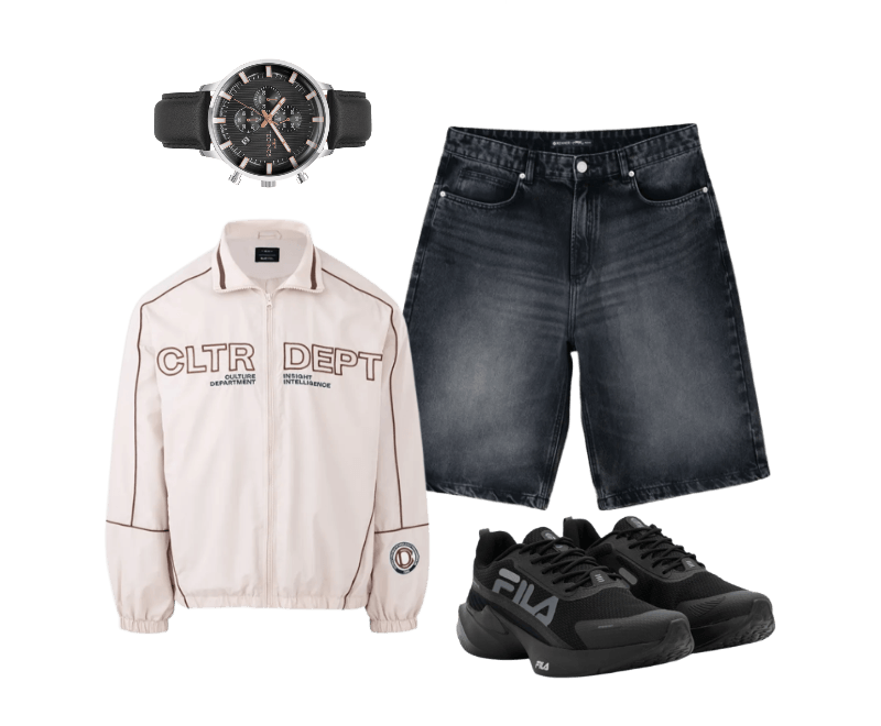 Relógio Technos Masculino Analógico PRETO ; Tênis Clássico em Material Sintético com Recortes Fila Preto ; Bermuda Baggy Relaxed em Jeans com Bolso Duplo Veigh ; Jaqueta Masculina em Tecido Tecnológico com Estampa Frontal