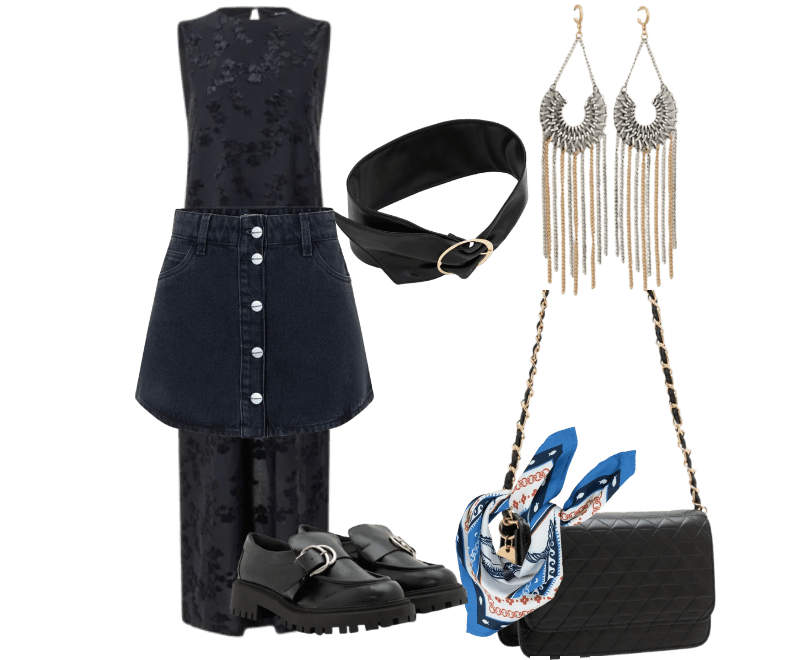 Vestido New Midi em Jersey Flocado com Textura Floral Preto ; Sapato Mocassim Tratorado em PU com Maxi Fivela Preto ; Cinto Largo em PU com Fivela Metalizada ; Maxi Brinco Metalizado Com Franjas ; Lenço Acetinado com Estampa Sardinha Azul ; Bolsa Estruturada em Matelassê com Alça de Corrente ; Minissaia em Jeans Cintura Média com Abotoamento Frontal