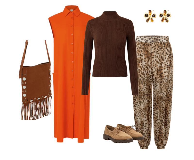 Mocassim em Couro Camurça com Solado Tratorado Marrom ; Calça Aladim em Tule com Cós Largo e Estampa Animal Print Marrom ; Vestido Chemise Plano com Linho e Botões Laranja ; Brinco Médio em Metal com Aplicações Acrílicas em Flor ; Bolsa Transversal Média em Suede com Franjas e Tachas ; Blusa Retilínea Tricô com Gola Alta Adulto