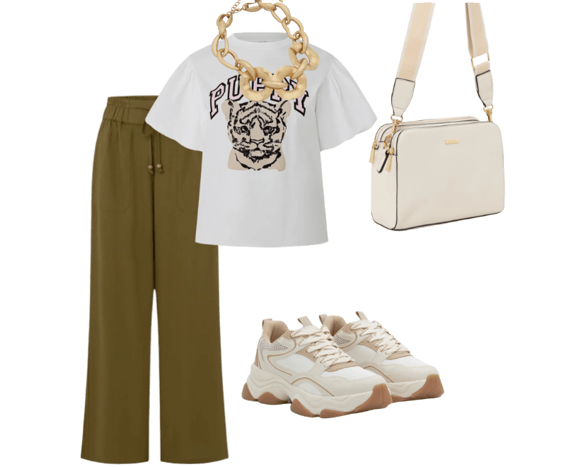 Bolsa Transversal Média em PU com Alça Gorgorão Bege ; Tênis Chunky em PU com Detalhes Ondulados Bege ; Colar Corrente Maxi em Metal com Elos Achatados Dourado ; Camiseta com Manga Bufante e Estampa Lettering Puppy Branco ; Calça Wide Leg em Viscolinho com Amarração Verde Militar
