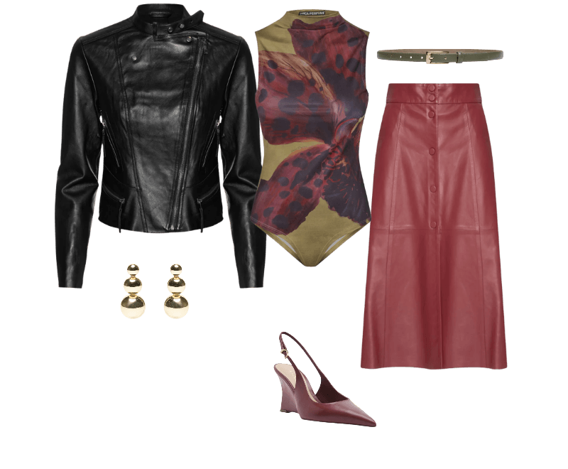 Scarpin Slingback Anabela Couro Salto Alto Vinho Arezzo ; Brinco Feminino Orbe Tre Dourado Andressa Delamuta ; Body Gola Alta Estampado Marrom Lança Perfume ; Jaqueta Feminina De Couro Motor Clássica Preto Animale ; Saia Valen Couro Vermelho Le Lis ; Cinto Feminino Em Couro Com Fivela Quadrada Verde Basiq BFV6FS409_OLIVA