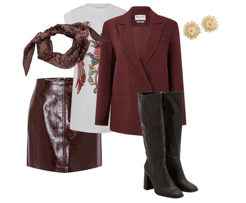 Bota Sock Boot Em PU Com Bico Quadrado E Salto Bloco Marrom ; Blazer Oversized em Alfaiataria com Transpassado e Botões Vermelho ; Vestido Curto em Algodão com Silk Frontal de Araras Branco ; Lenço Triangular em Algodão com Estampa Paisley Marrom ; Brinco Botão com Formato de Flor Margarida Dourado ; Saia Mini Reta em PU Com Recorte Frontal